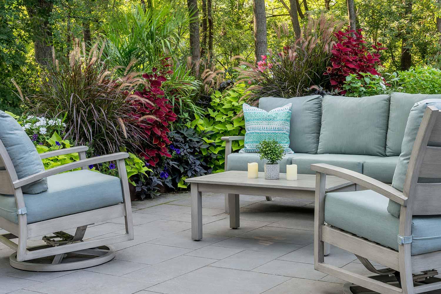 Seating patio with teeming garden
