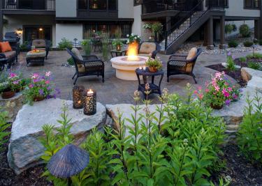 Patio, fireplace, and Garden. Luxury landscape design near Minneapolis MN