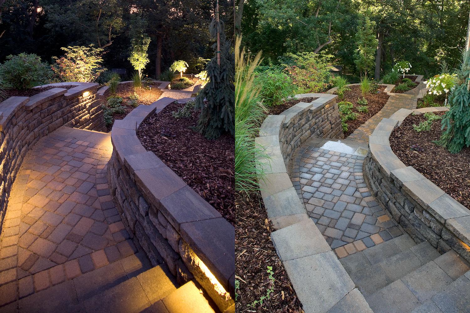 Brick paver walkway with built-in sconces.