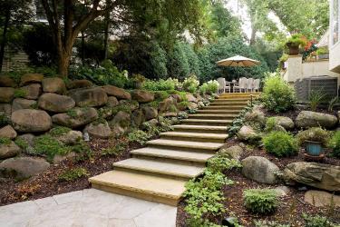 backyard staircase design with limestone treads