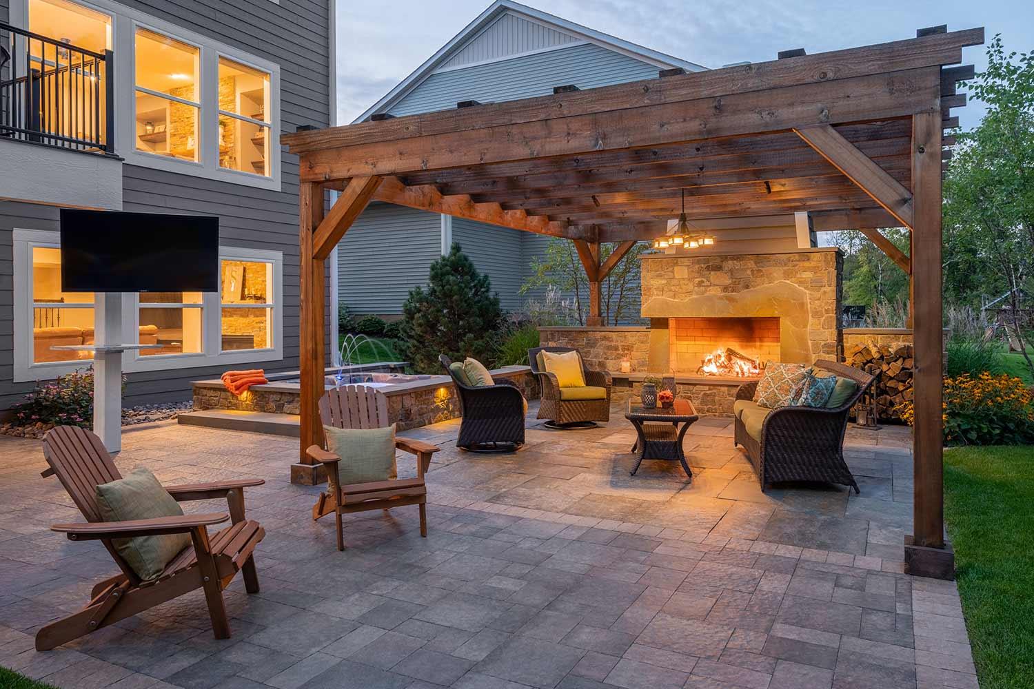 mountain cabin style backyard patio