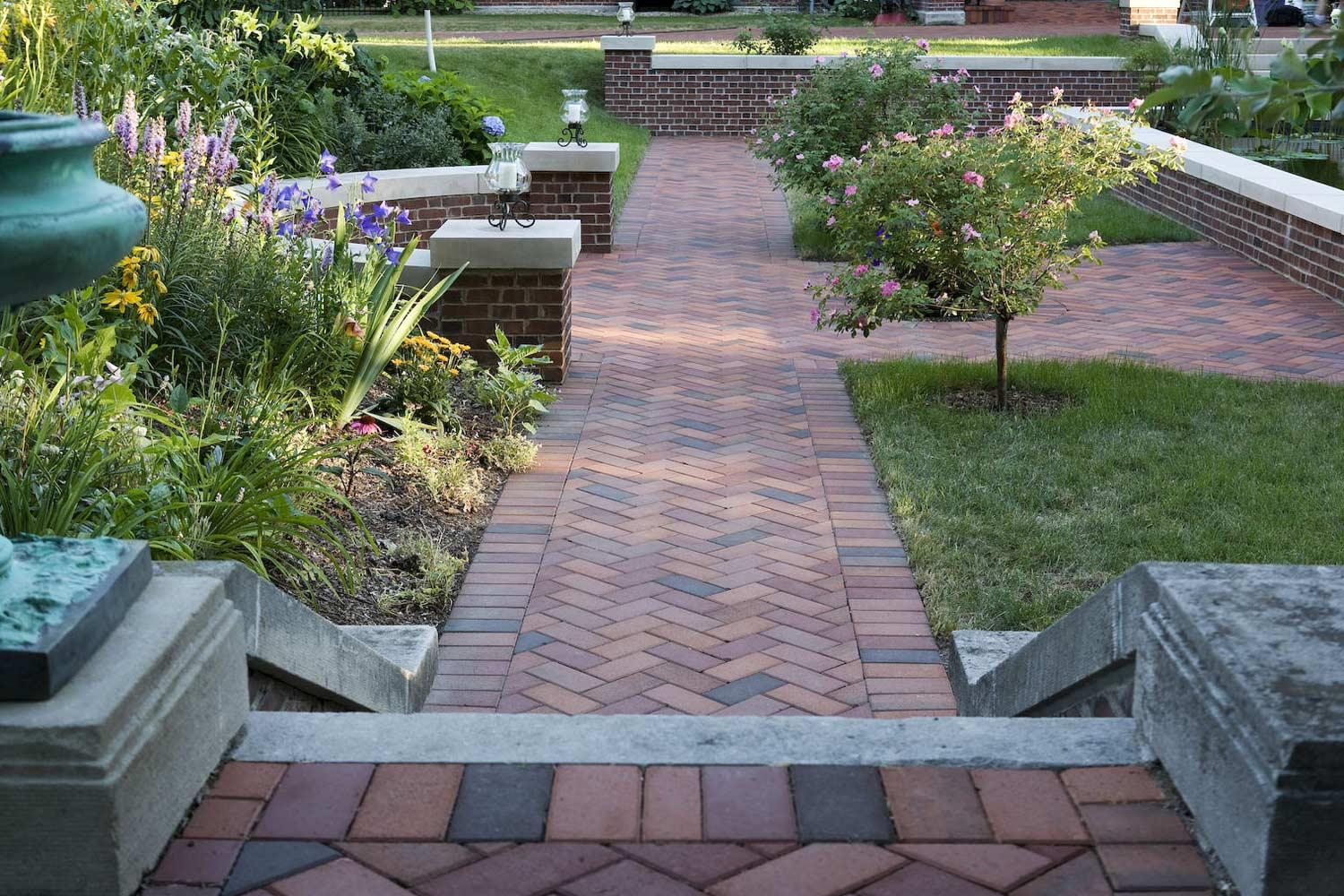 Herringbone brick paver walkway