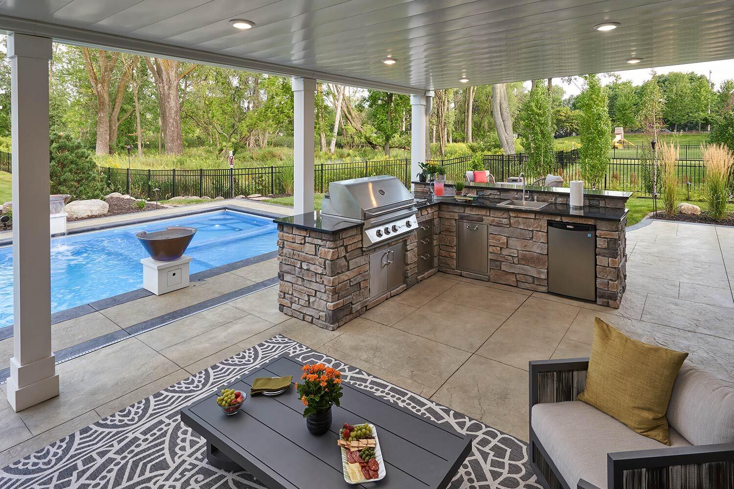 Outdoor kitchen and living room.