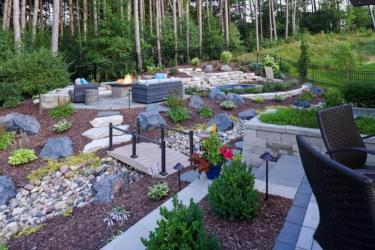 low-maintenance garden and yard, fire table, path lights, swimming pool